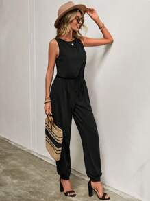 SHEIN LUNE Solid Knot Waist Tank Jumpsuit - Black - View 3