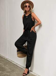 SHEIN LUNE Solid Knot Waist Tank Jumpsuit - Black - View 5