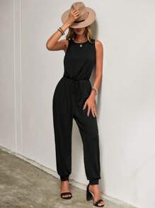 SHEIN LUNE Solid Knot Waist Tank Jumpsuit - Black - View 6