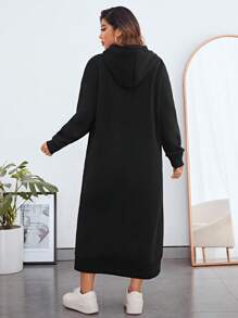 SHEIN Essnce Plus Drop Shoulder Drawstring Hooded Sweatshirt Dress - Black - View 3