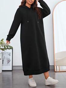 SHEIN Essnce Plus Drop Shoulder Drawstring Hooded Sweatshirt Dress - Black - View 5