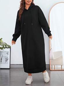 SHEIN Essnce Plus Drop Shoulder Drawstring Hooded Sweatshirt Dress - Black - View 1