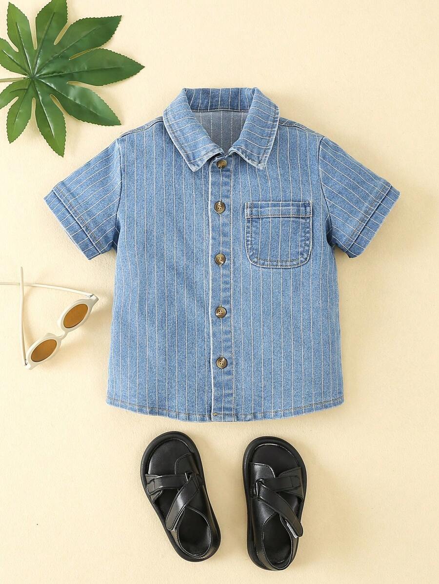 男小童口袋貼布牛仔襯衫 - 中等水洗藍 - 查看 1