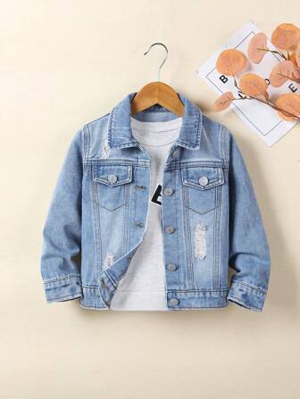 SHEIN Vintaside Kids Young Boy Bleach Wash Ripped Denim Jacket Without Tee, School, Campus, College Chic Outfits For Autumn/Winter