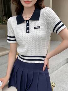 DAZY Sọc trang trí Chi tiết Patched thư Cổ Polo Áo đan Crop - trắng - Xem 7
