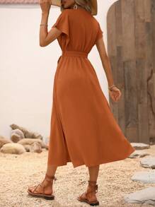 SHEIN LUNE Vestido con cinturón unicolor de manga murciélago - Óxido marrón - Ver 2