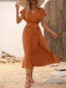 SHEIN LUNE Vestido con cinturón unicolor de manga murciélago - Óxido marrón - Ver 3