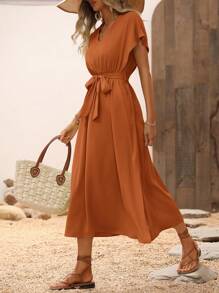 SHEIN LUNE Vestido con cinturón unicolor de manga murciélago - Óxido marrón - Ver 7