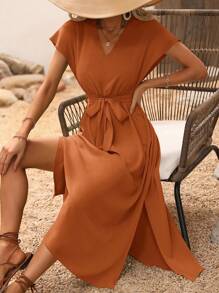 SHEIN LUNE Vestido con cinturón unicolor de manga murciélago - Óxido marrón - Ver 8