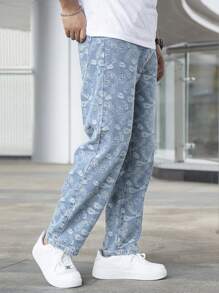 男士佩斯利印花直筒牛仔褲 - 淺色水洗藍 - 查看 1