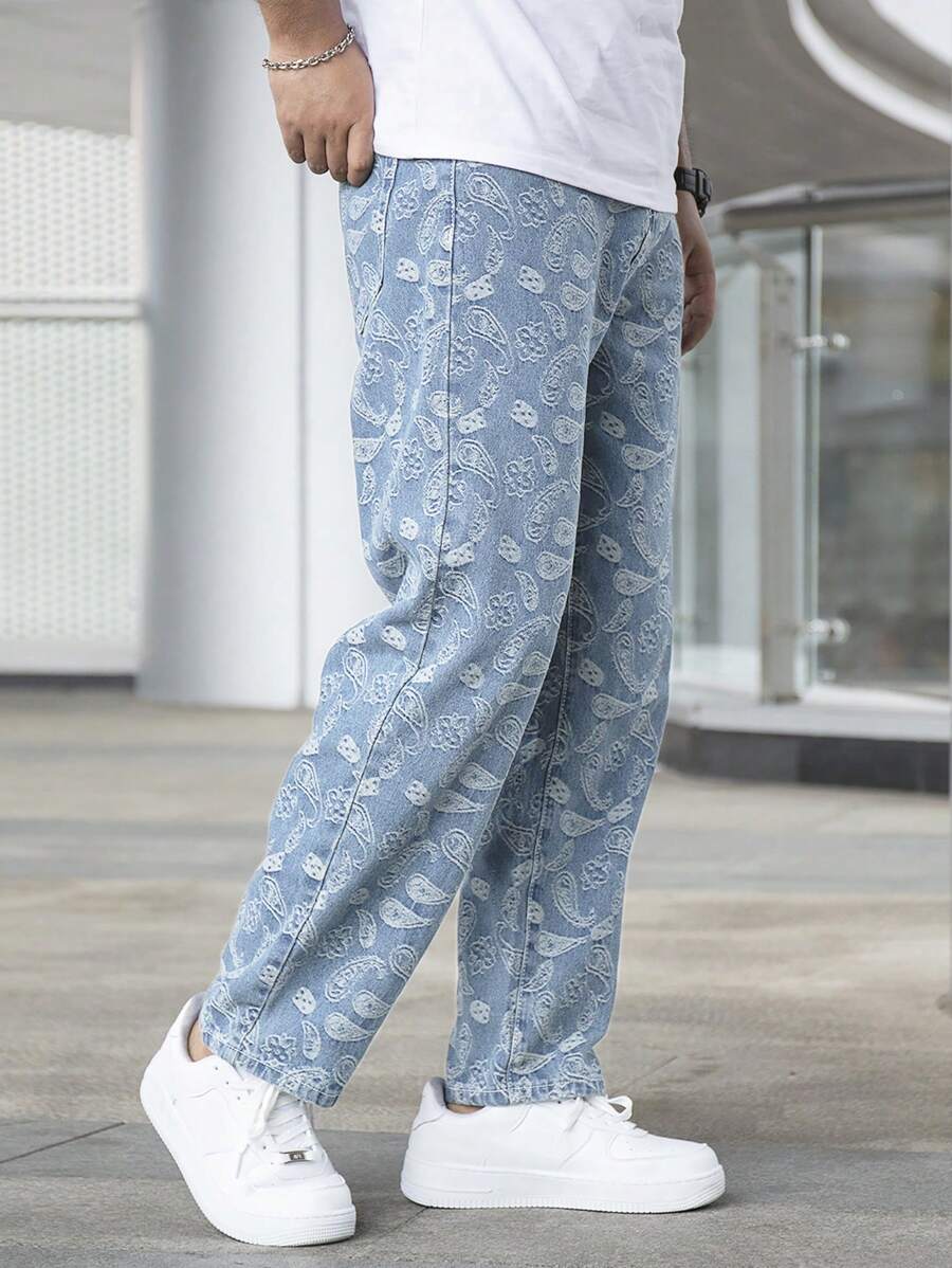 男士佩斯利印花直筒牛仔褲 - 淺色水洗藍 - 查看 1