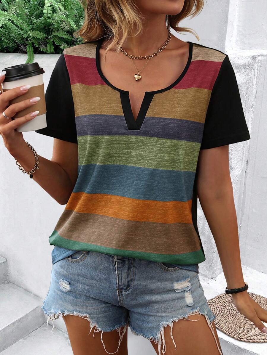 SHEIN LUNE Color Block Notched Neck Tee - Black - View 1