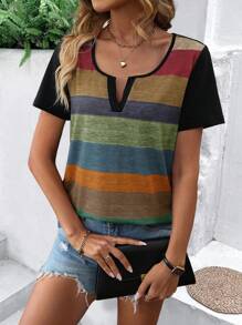 SHEIN LUNE Color Block Notched Neck Tee - Black - View 4
