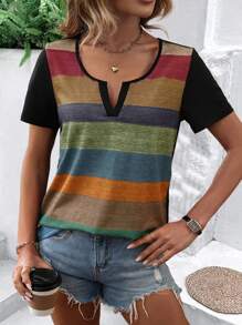 SHEIN LUNE Color Block Notched Neck Tee - Black - View 6