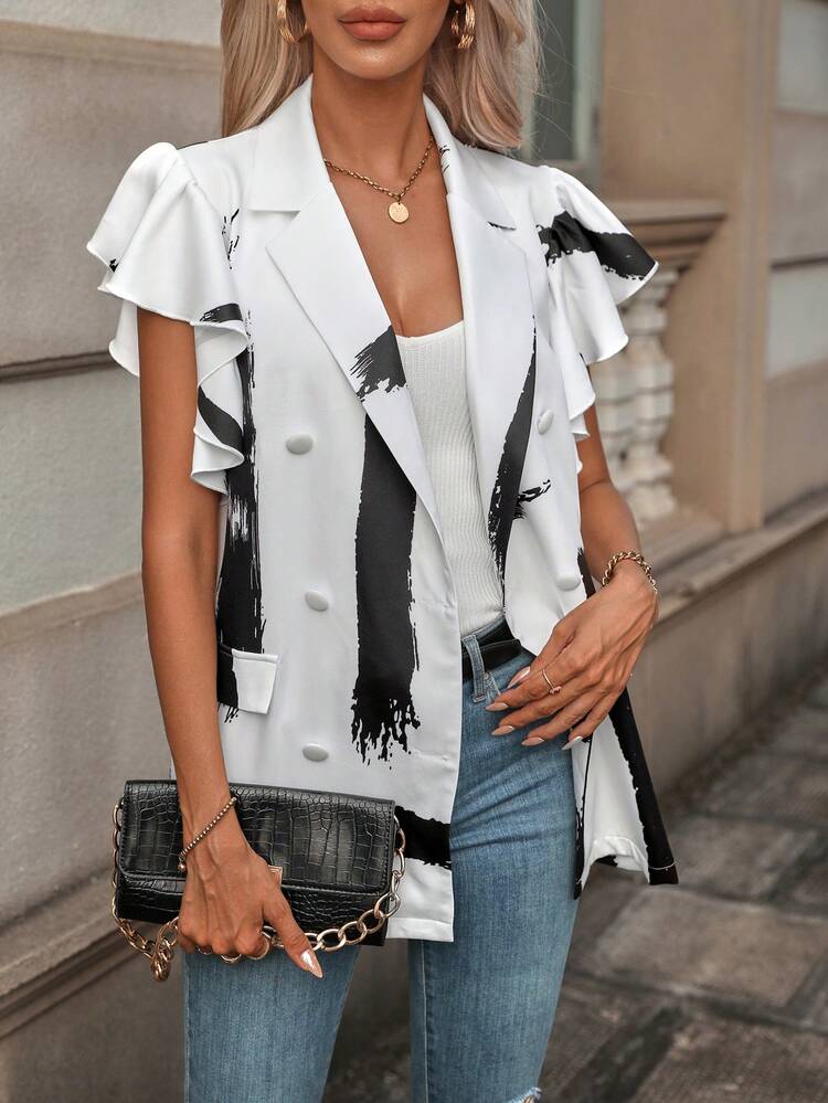 Brush Print Butterfly Sleeve Double Breasted Blazer