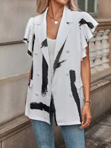SHEIN Clasi 筆刷圖案蝴蝶袖雙排釦西裝外套