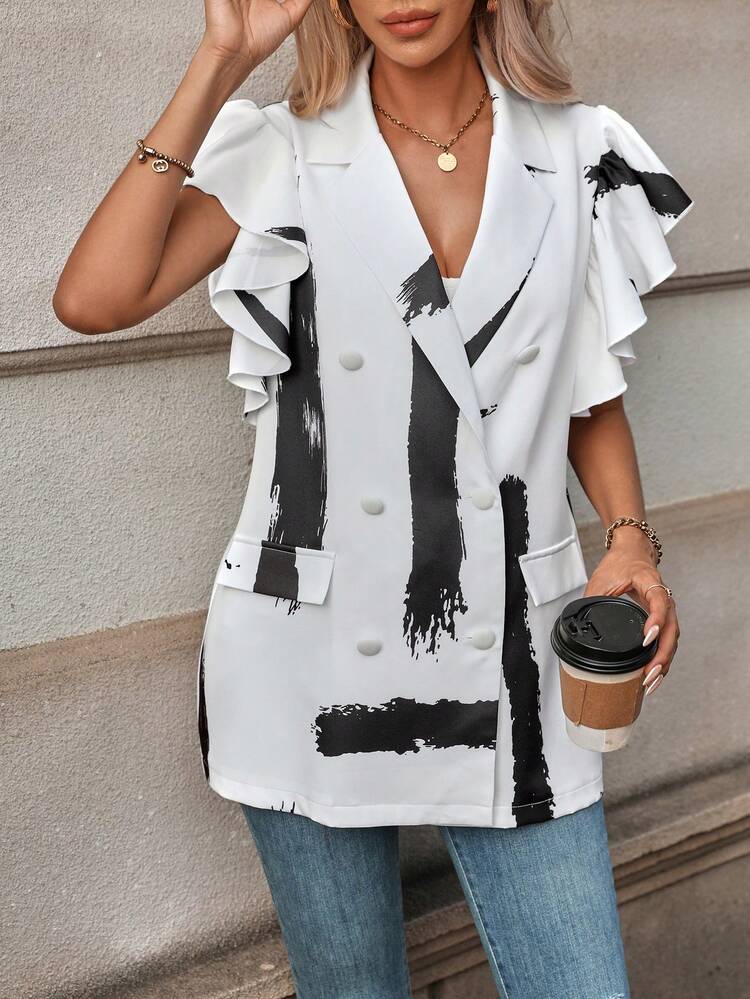 Brush Print Butterfly Sleeve Double Breasted Blazer