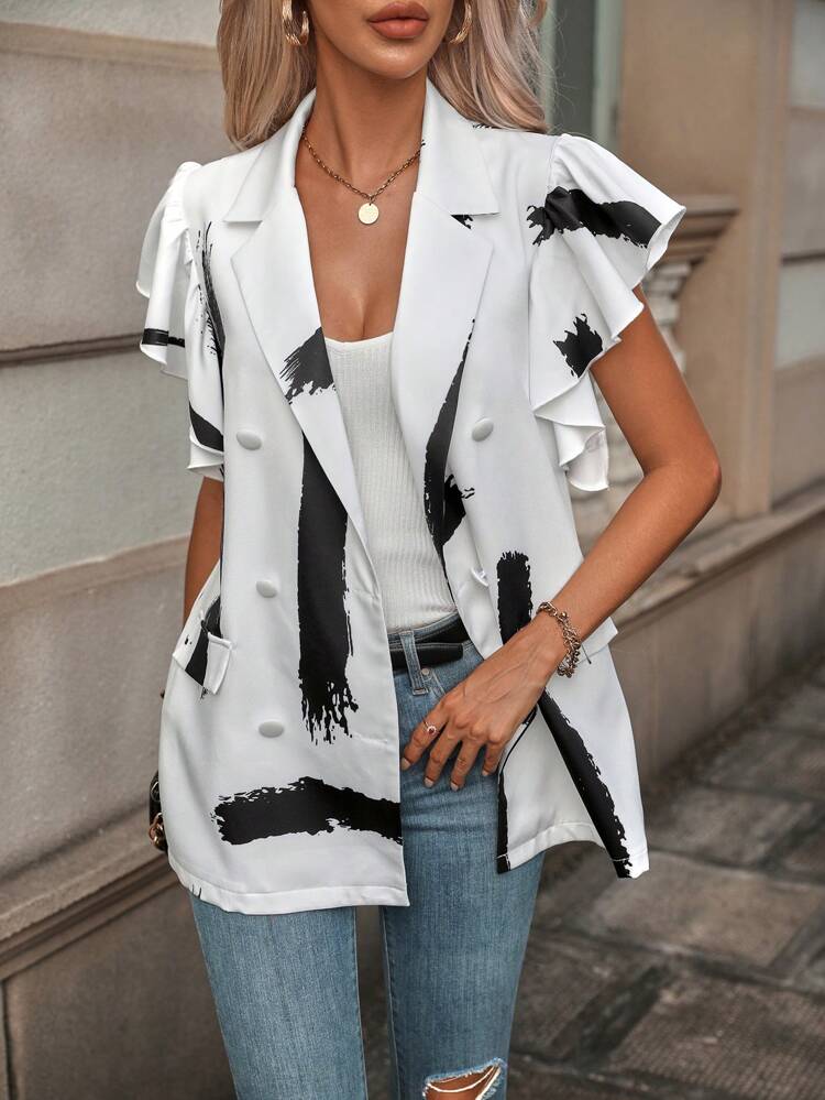 Brush Print Butterfly Sleeve Double Breasted Blazer