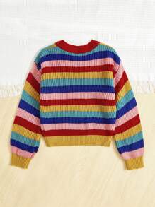 女大童彩虹條紋圖案落肩袖套頭毛衣 - 彩色 - 查看 2