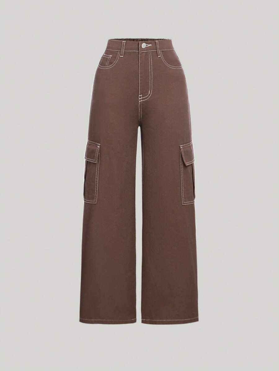 SHEIN 青少年女孩側翻蓋口袋工裝牛仔褲 - 咖啡棕 - 查看 1