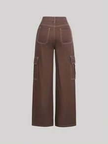 SHEIN 青少年女孩側翻蓋口袋工裝牛仔褲 - 咖啡棕 - 查看 2