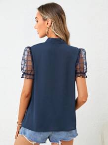 SHEIN Clasi 網紗拼接泡泡袖繫帶領襯衫 - 藏蓝色 - 查看 2