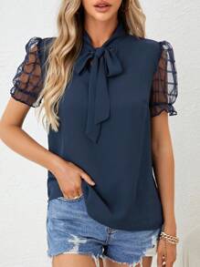 SHEIN Clasi 網紗拼接泡泡袖繫帶領襯衫 - 藏蓝色 - 查看 3