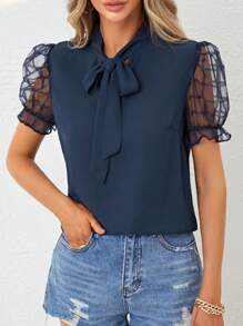 SHEIN Clasi 網紗拼接泡泡袖繫帶領襯衫 - 藏蓝色 - 查看 4