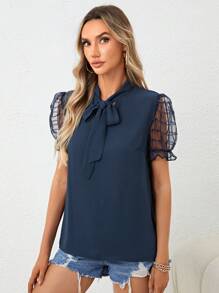 SHEIN Clasi 網紗拼接泡泡袖繫帶領襯衫 - 藏蓝色 - 查看 6