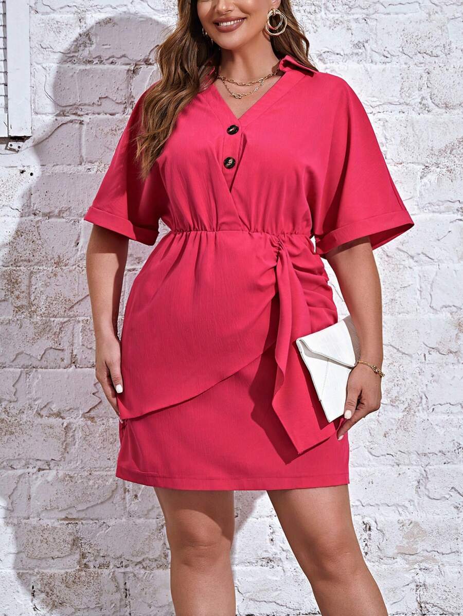 SHEIN Privé Plus Solid Button Front Batwing Sleeve Ruched Wrap Hem Dress - Hot Pink - View 1