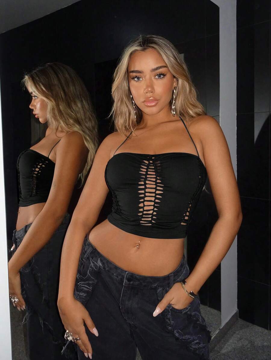 SHEIN ICON 鏤空後背繫帶繞頸短上衣 - 黑色 - 查看 1