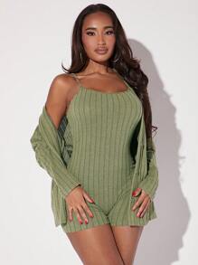 SHEIN SXY 素色吊帶連體短褲&開門襟外套 - 綠色 - 查看 1
