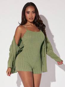 SHEIN SXY 素色吊帶連體短褲&開門襟外套 - 綠色 - 查看 3