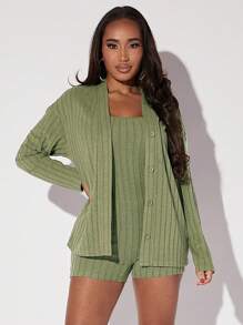 SHEIN SXY 素色吊帶連體短褲&開門襟外套 - 綠色 - 查看 5