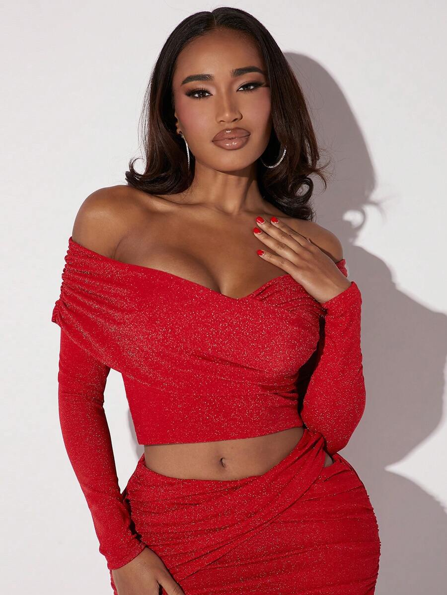 SHEIN SXY Off Shoulder Long lanh Áo phông Crop - Đỏ - Xem 1