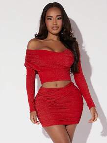 SHEIN SXY Off Shoulder Long lanh Áo phông Crop - Đỏ - Xem 5