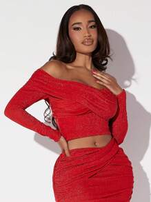 SHEIN SXY Off Shoulder Long lanh Áo phông Crop - Đỏ - Xem 7