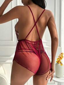 SHEIN Ren Vá lại Cổ chữ V Cami ngọn Và Nội y sexy Bộ - Đỏ - Xem 2