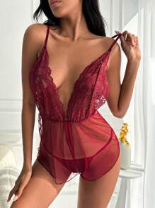 SHEIN Ren Vá lại Cổ chữ V Cami ngọn Và Nội y sexy Bộ - Đỏ - Xem 4