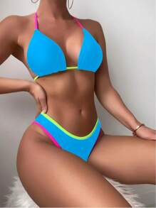 撞色滾邊掛脖三角杯比基尼泳裝 - 薄荷藍 - 查看 5