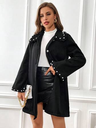 SHEIN Privé Pearls Beaded Flounce Sleeve Overcoat