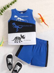 男嬰恐龍骷髏&字母圖案背心上衣&短褲 - 彩色 - 查看 1