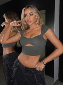 SHEIN ICON Cắt ra phía trước Áo phông Crop - Màu xám đen - Xem 1