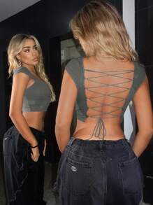 SHEIN ICON Cắt ra phía trước Áo phông Crop - Màu xám đen - Xem 2