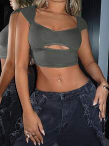 SHEIN ICON Cắt ra phía trước Áo phông Crop - Màu xám đen - Xem 5