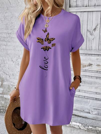 INAWLY Butterfly & Letter Graphic Batwing Sleeve Tee Dress
