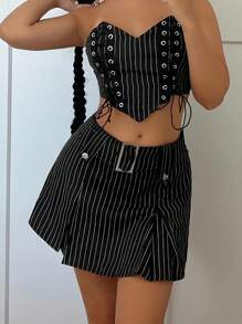 SHEIN ICON 條紋印花帶扣細節褶皺半身裙 - 黑色 - 查看 3