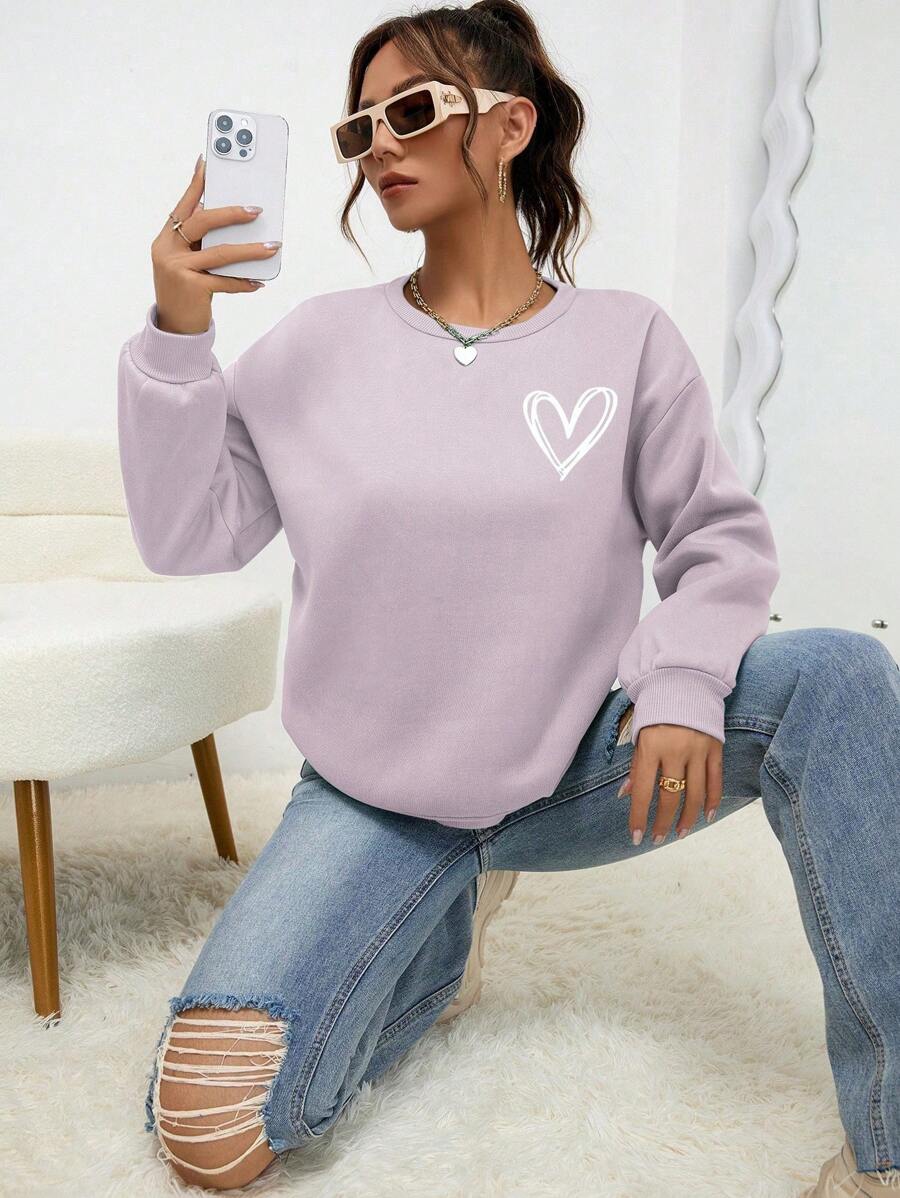 INAWLY Heart Print Drop Shoulder Sweatshirt,Long Sleeve Tops Graduation,Back To School,Graduation,Teacher For Women,Back To School Pullover Fall Sweatshirt - Lilac Purple - View 1