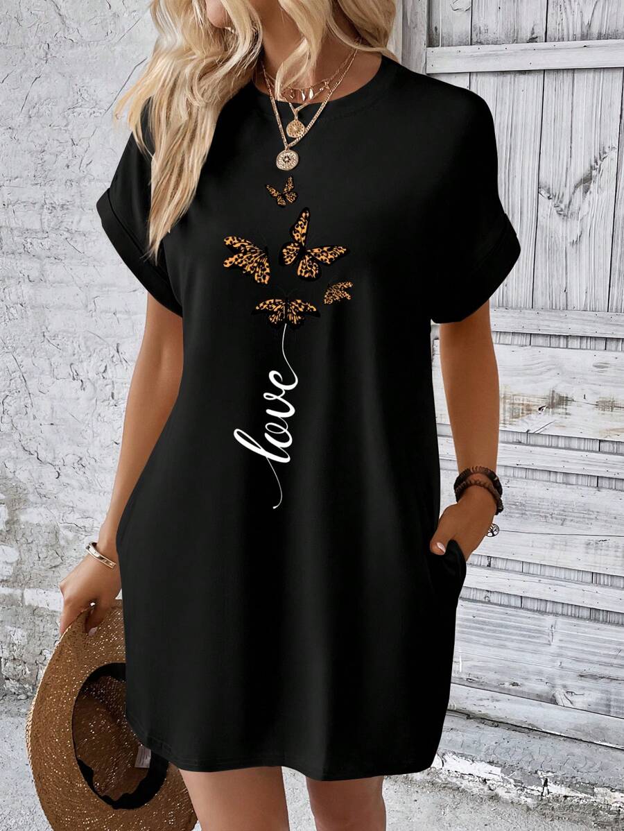 INAWLY Butterfly & Letter Graphic Batwing Sleeve Tee Dress - Black - View 1