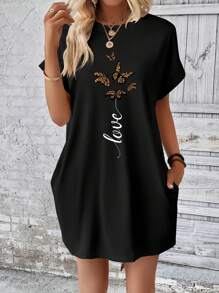 INAWLY Butterfly & Letter Graphic Batwing Sleeve Tee Dress - Black - View 3